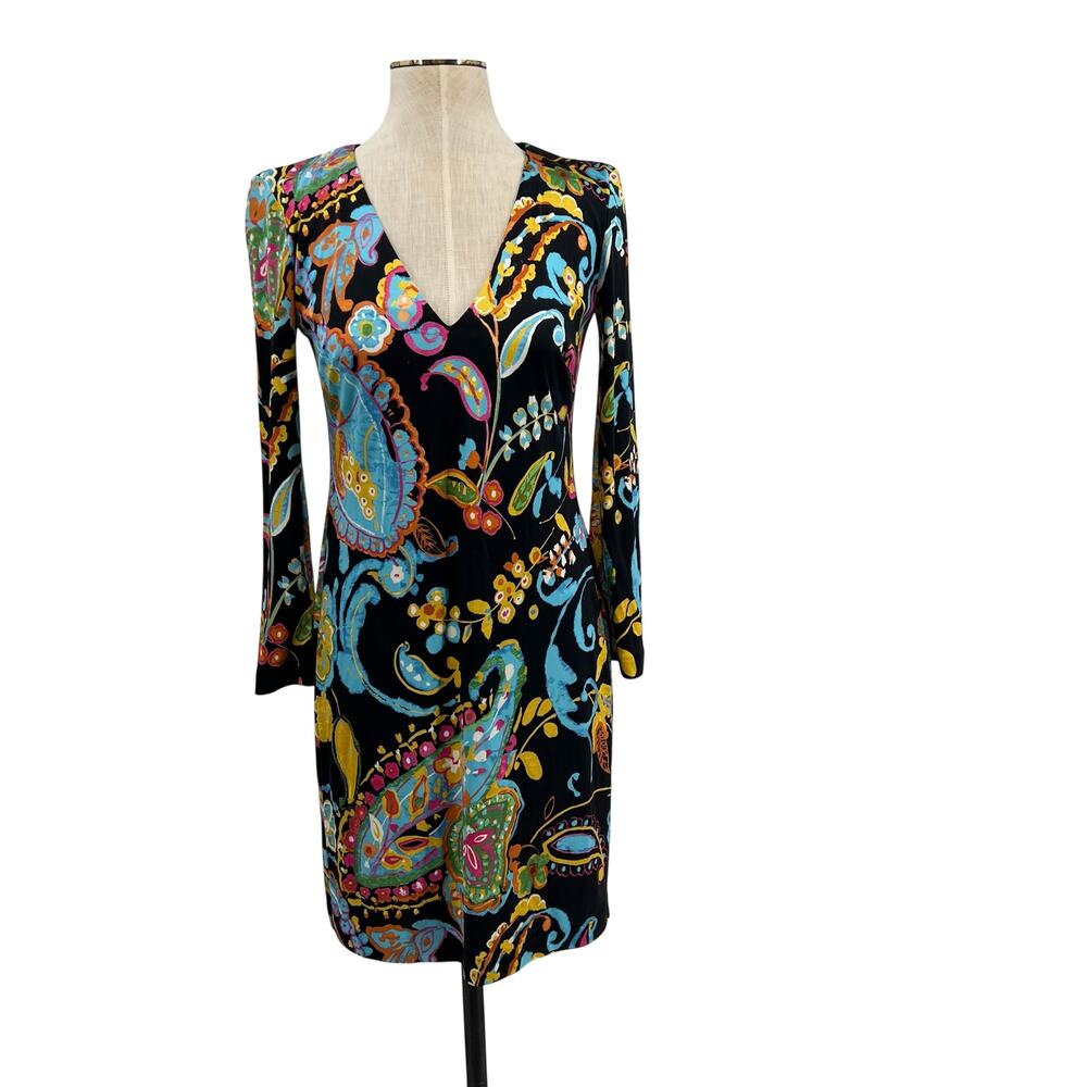 Ralph Lauren Black Label Silk Paisley Jersey Sheath Dress Long Sleeve Size 4